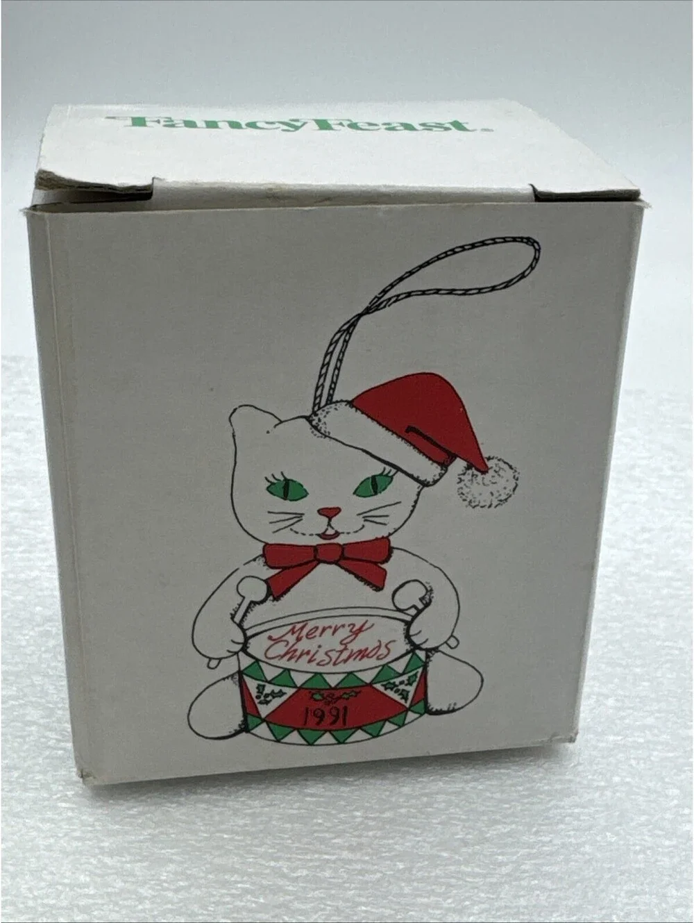Vintage 1991 Fancy Feast Plush Cat Playing Drums 3” Christmas Ornament Russ Box